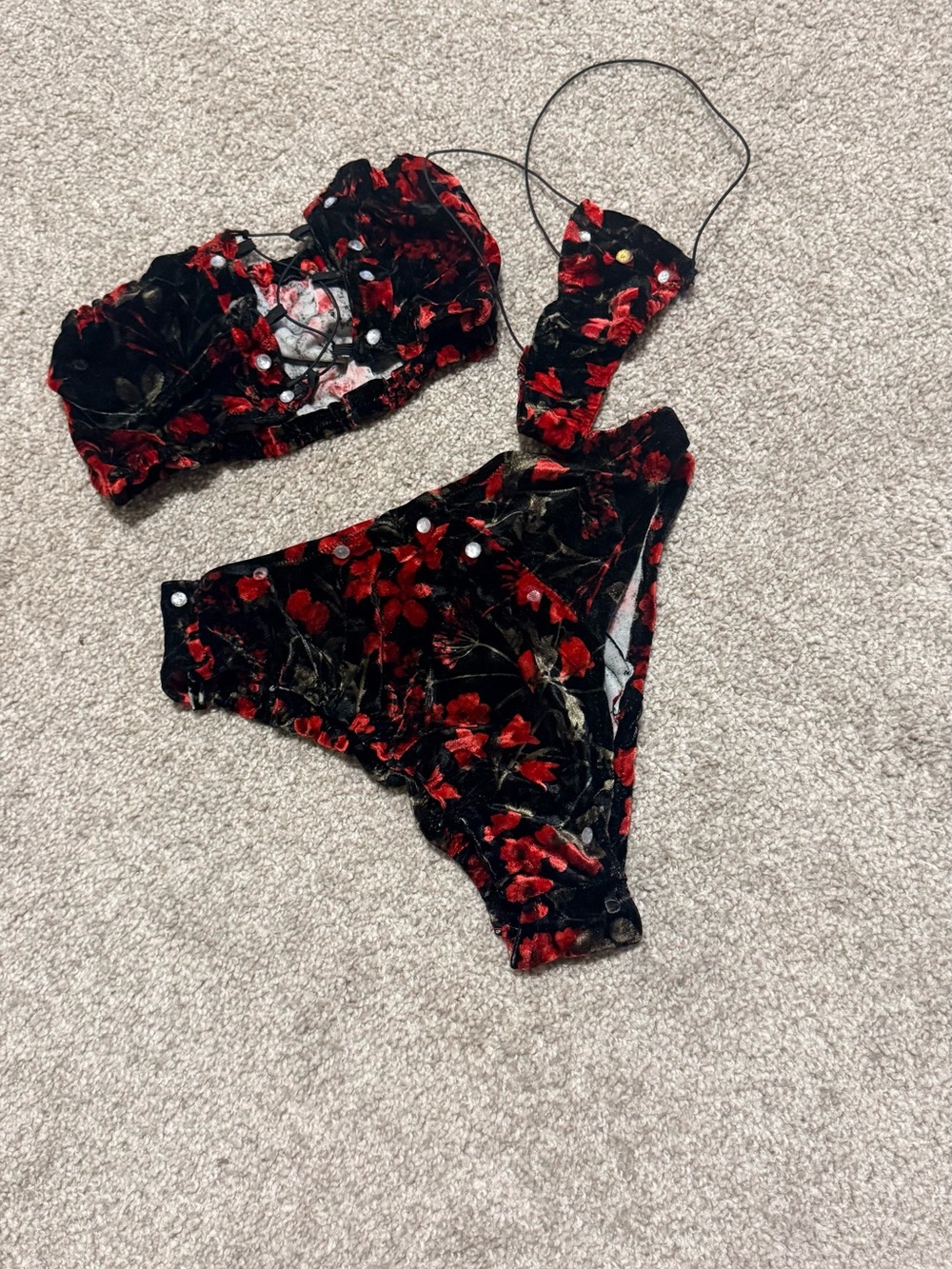 Velvet Floral Two-Piece Bikini Set - Black & Red